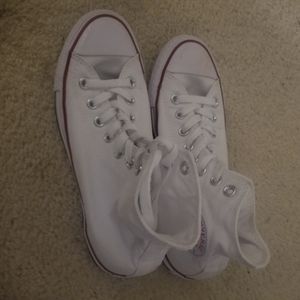 white and red hitop Converse Chuck Taylor sneakers